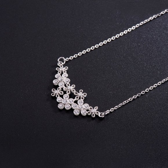 Cluster of Flowers with Pave CZ accent open floral Necklace  925 Sterling Silver - Picture 3 of 4